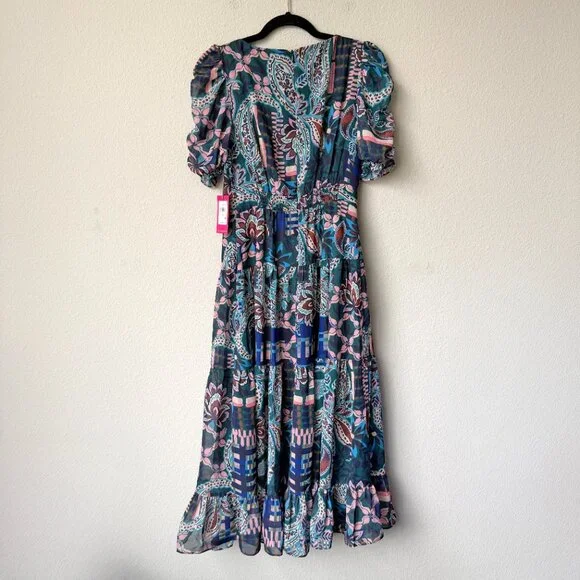 NWT Vince Camuto Mixed Print Puff Sleeve Tiered Maxi Dress Size 2 - Picture 3 of 6